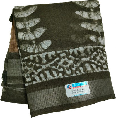 Thalir Silks Geometric Print Saree with Attached Blouse Cotton Linen, Linen Saree(Green)