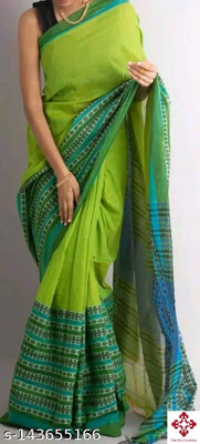 SMRITI HANDLOOM Solid/Plain, Self Design Handloom Cotton Blend Saree(Light Green)
