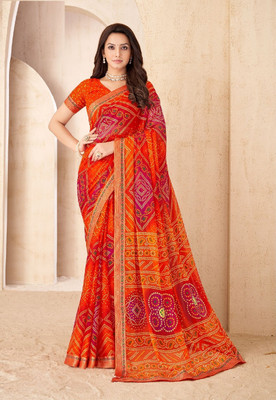 Swarne Digital Print Bandhani Chiffon Saree(Orange)