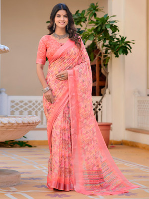 Anouk Rustic Digital Print Chinnalapattu Cotton Linen Saree(Pink)