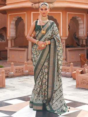 ANOUK Printed Pochampally Silk Blend Saree(Grey)