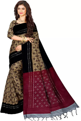 TRFASHIONHUB Printed Sambalpuri Handloom Cotton Blend Saree(Beige)