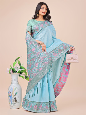 Tasrika Woven Banarasi Cotton Silk Saree(Blue)