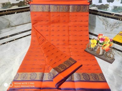 sdn Woven Tant Handloom Pure Cotton Saree(Multicolor)