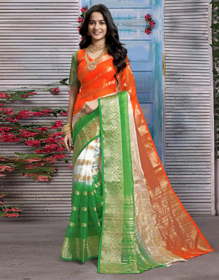 Samah Woven, Embellished, Striped Narayanpet Organza, Lace Saree(Orange, White, Green)