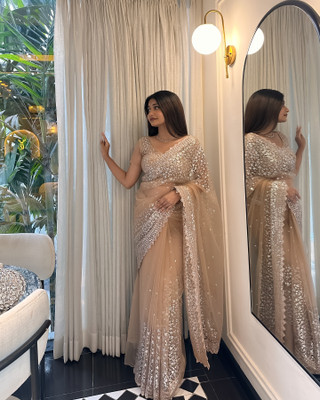 KRISHNACOLLECTION9 Embroidered, Embellished, Self Design Bollywood Net Saree(Cream)