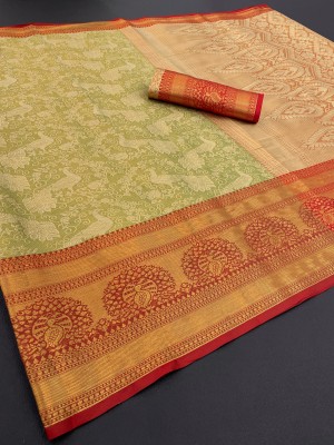 Soham Enterprise Woven Dharmavaram Pure Silk, Cotton Silk Saree(Green, Red)