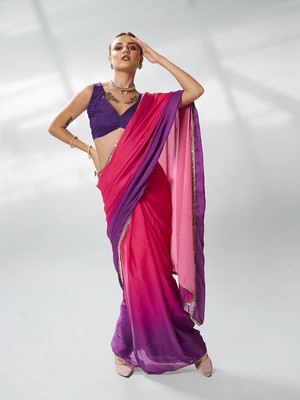 Kalista Embellished, Solid/Plain Bollywood Chiffon Saree(Pink, Purple)