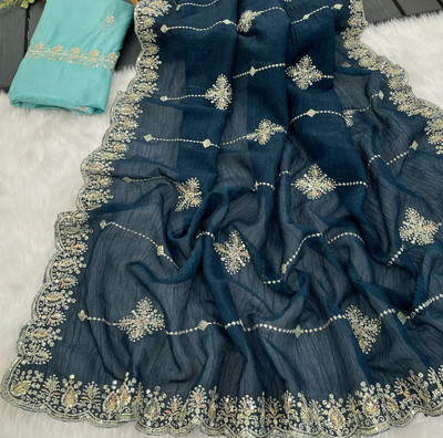 Ethina Fashion Embroidered Bollywood Chiffon Saree(Dark Blue)