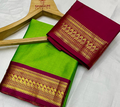 Paramparik Textile Woven Banarasi Cotton Silk, Jacquard Saree(Light Green)