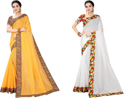 manish Solid/Plain Chanderi Cotton Blend Saree(Pack of 2, White, Yellow)