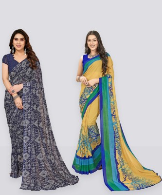 Anand Sarees Floral Print, Polka Print, Ombre, Printed Bollywood Georgette Saree(Pack of 2, Beige, Green, Blue)