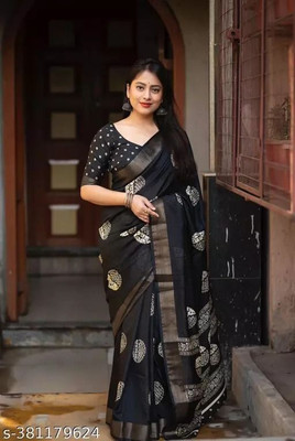 SSHAGUN LIFESTYLE Printed Bollywood Cotton Linen Saree(Black)