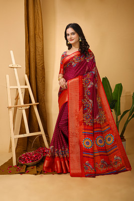HouseOfCommon Floral Print Bollywood Silk Blend Saree(Maroon)