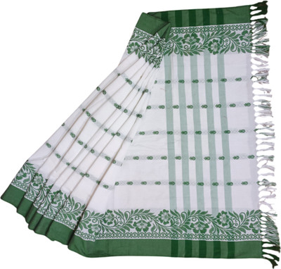 AKCOLLECTION Woven Handloom Cotton Silk Saree(White, Green)