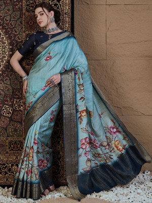 ANOUK Printed Chinnalapattu Viscose Rayon Saree(Light Blue)