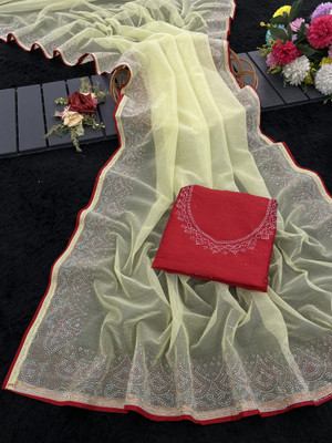 JENNYFEB Embellished Bollywood Supernet Saree(Cream)