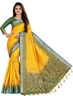 PICKWELL Woven Banarasi Cotton Silk Saree(Yellow)