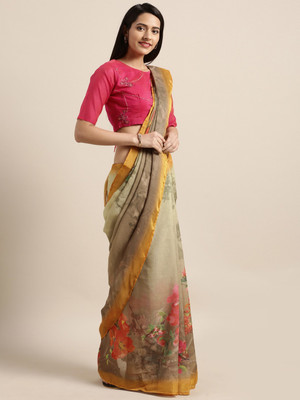 Saanjh Floral Print Saree with Attached Blouse Silk Blend Saree(Brown)