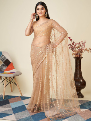 odette Embellished Saree with Attached Blouse Net Saree(Beige)