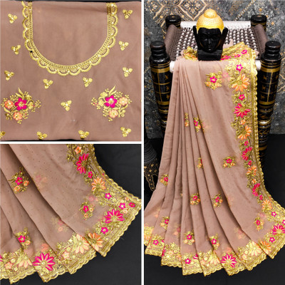 MIYANIFAB Embroidered Bollywood Georgette Saree(Cream)
