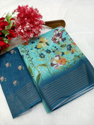 PRTRENDZ Printed Kanjivaram Chanderi, Pure Silk Saree(Light Blue)