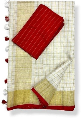Aamir Fashion Textile Checkered Bollywood Cotton Linen Saree(White, Beige)