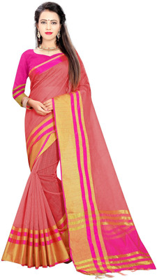 JS Clothing Mart Solid/Plain, Striped Banarasi Cotton Blend Saree(Pink)