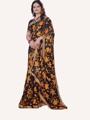 DN FASHION Printed Chanderi Chiffon Saree(Black, Yellow)