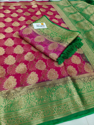 A K Traders Printed Banarasi Organza Saree(Pink, Dark Green)