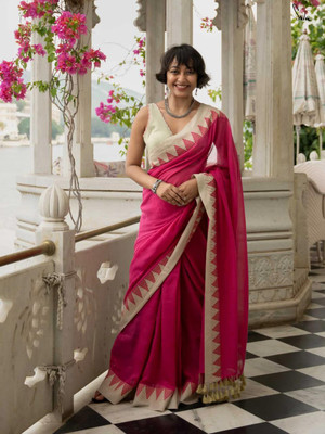 TWIIRL Woven, Solid/Plain Handloom Cotton Blend Saree(Pink)