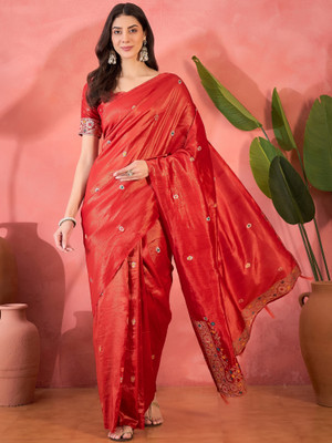 Sangria Self Design Saree with Attached Blouse Silk Blend Saree(Red)
