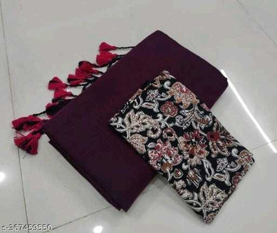 SMRITI BOUTIQUE Solid/Plain, Printed Kalamkari Handloom Pure Cotton Saree(Maroon, Black)