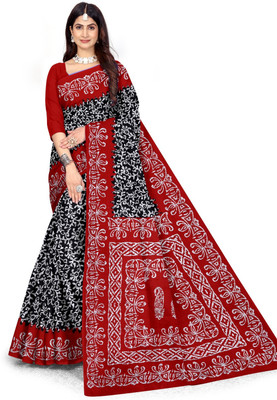 RJ CREATION Printed Daily Wear Pure Cotton Saree(Red, Black)