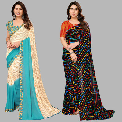 kashvi sarees Self Design, Printed Daily Wear Georgette Saree(Pack of 2, Beige, Light Blue, Multicolor)