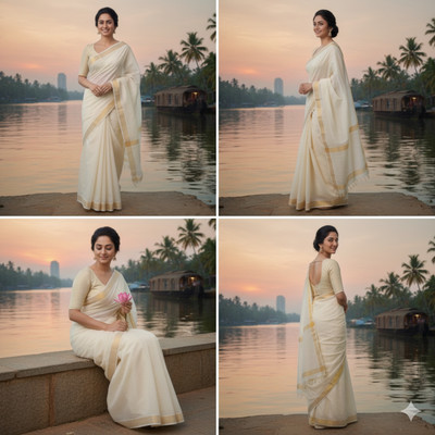 Gugaliya Solid/Plain Kasavu Pure Cotton Saree(Cream)