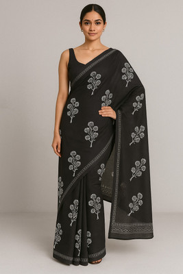 Om Traders Printed Saree with Attached Blouse Cotton Silk Saree(Black)