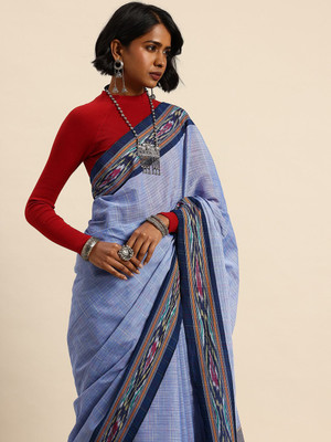 Taavi Self Design Handloom Pure Cotton Saree(Blue)