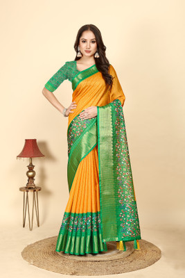 J6 Designers Checkered Bollywood Cotton Blend Saree(Yellow)