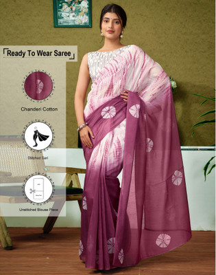Satrani Floral Print, Geometric Print, Printed Sambalpuri Chanderi, Cotton Blend Saree(White, Purple)