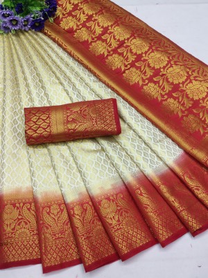 YUGLY Woven Banarasi Jacquard Saree(Cream)