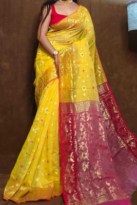 Mondal Saree Centre Printed Bollywood Cotton Silk Saree(Yellow, Red)
