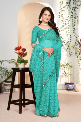 love creation Embroidered Bollywood Net Saree(Light Blue)