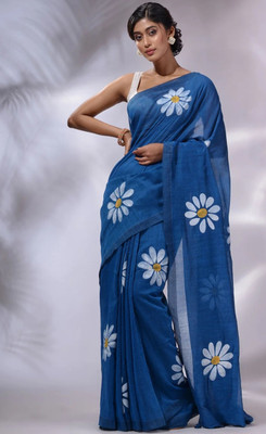 LDma Floral Print Tant Handloom Cotton Blend Saree(Blue)
