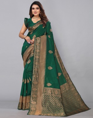 Samah Woven, Self Design, Embellished Banarasi Silk Blend, Jacquard Saree(Dark Green, Gold)
