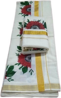 KUTHAMPULLY SETMUNDU Printed Mundum Neriyathum Pure Cotton Saree(White)