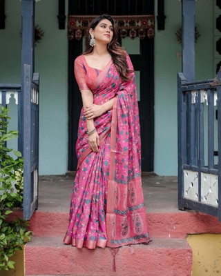 HITESH ENTERPRISE Digital Print Banarasi Cotton Linen Saree(Pink)