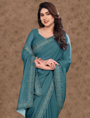 hutah Solid/Plain Bollywood Georgette, Silk Blend Saree(Light Blue)