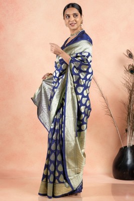 SUBHAM Woven, Embellished Banarasi Silk Blend Saree(Dark Blue, Gold)