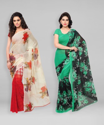 kashvi sarees Floral Print Bollywood Georgette Saree(Pack of 2, Green, Beige)